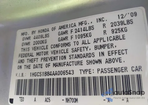 2010 Honda Accord 2.4 Ex-L from USA, damaged, VIN 1HGCS1B84AA006543